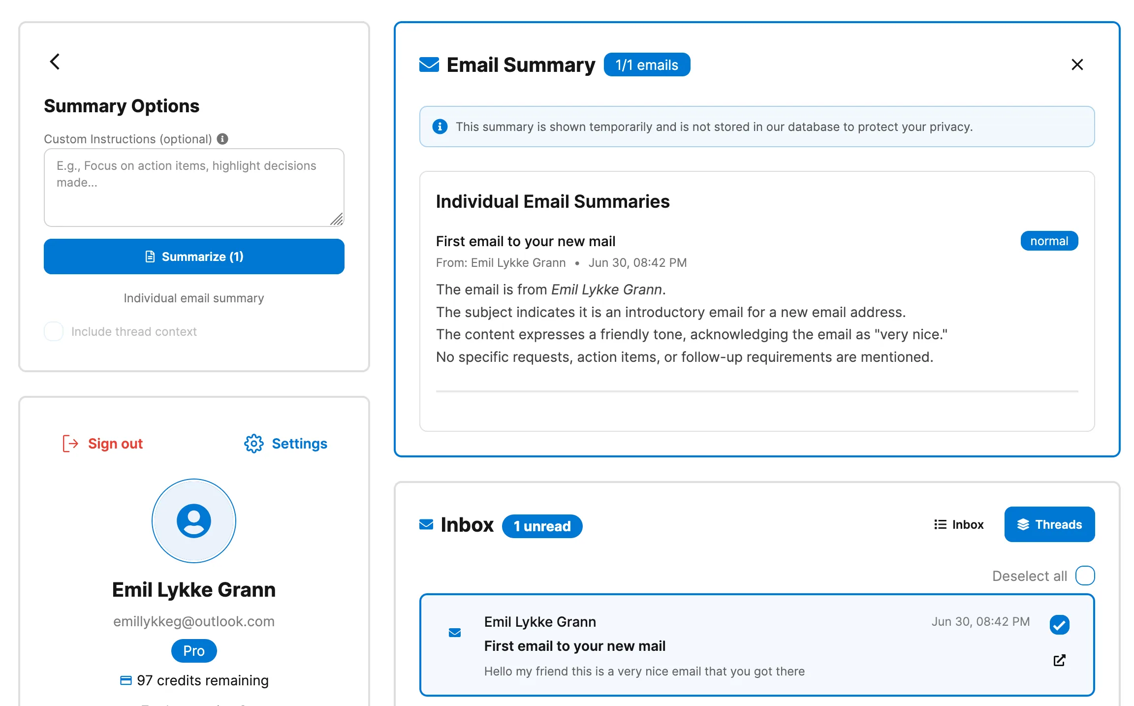 The Catch Up for Outlook web app showing a generated summary above the connected inbox.