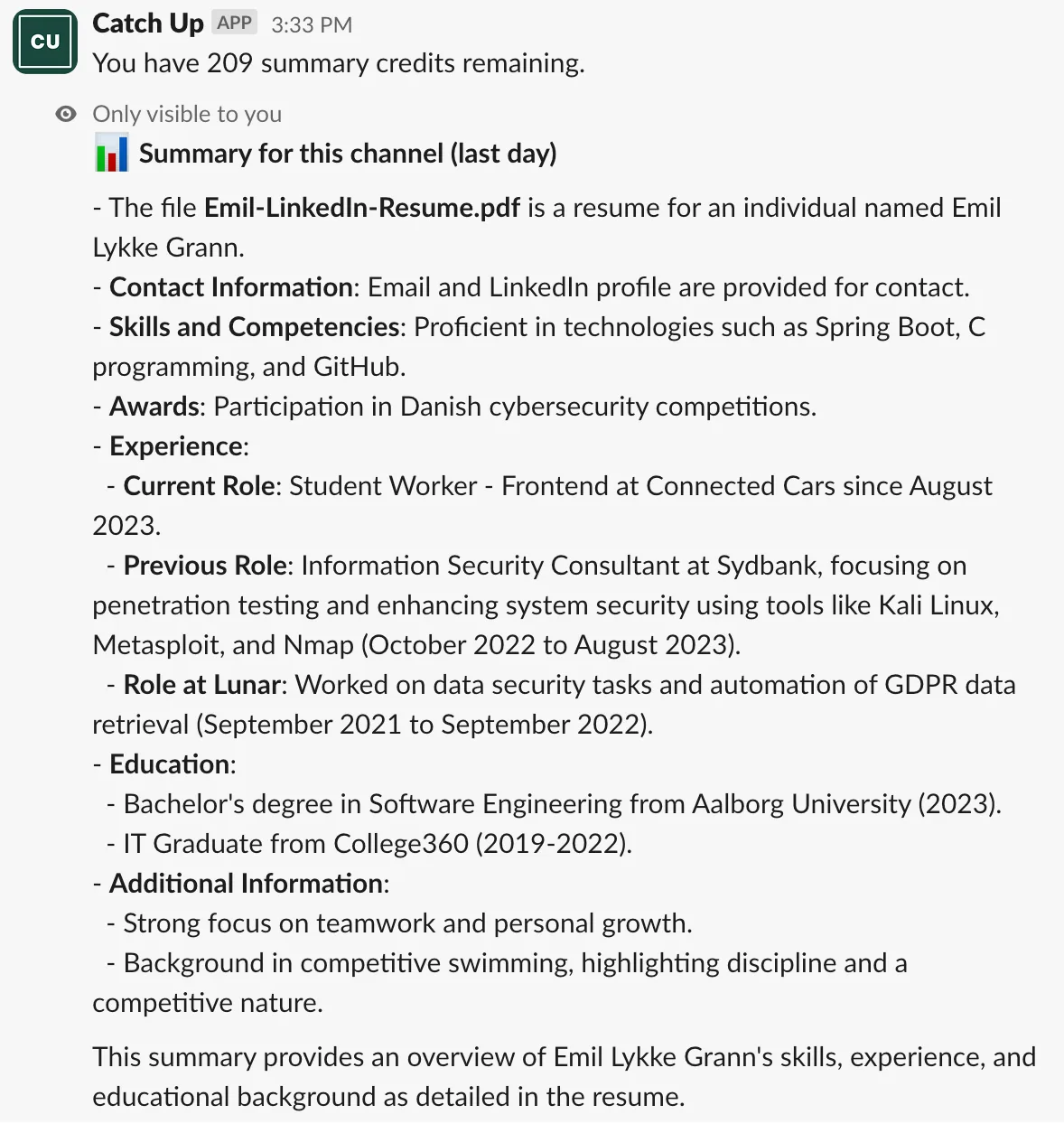 A Slack message from Catch Up summarizing a shared resume PDF.