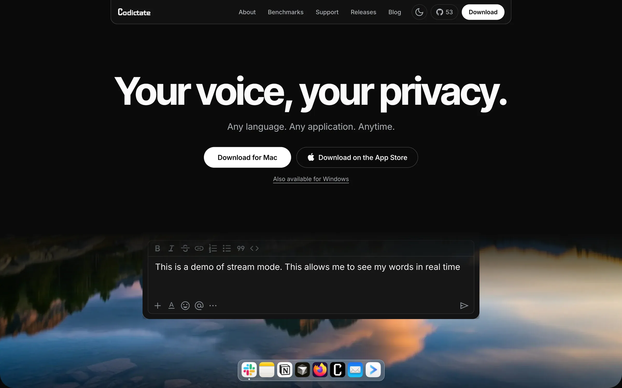 The codictate.app homepage: "Your voice, your privacy." above a text composer on a mountain lake wallpaper.