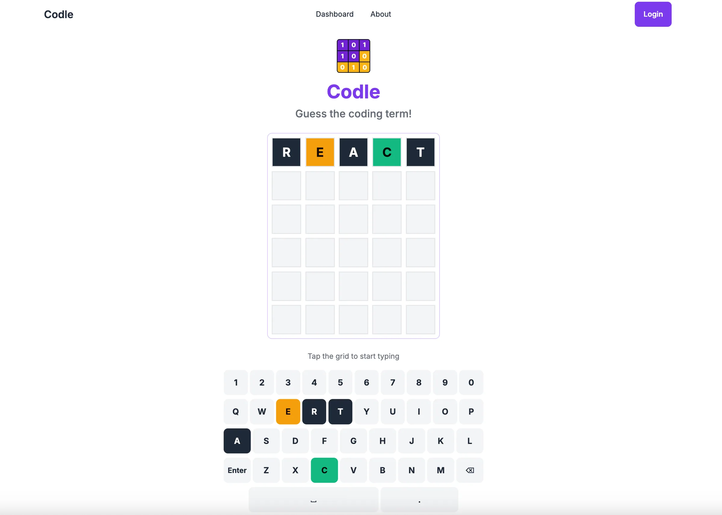 A Codle game in progress: REACT guessed with amber and gray tiles above an on-screen keyboard.