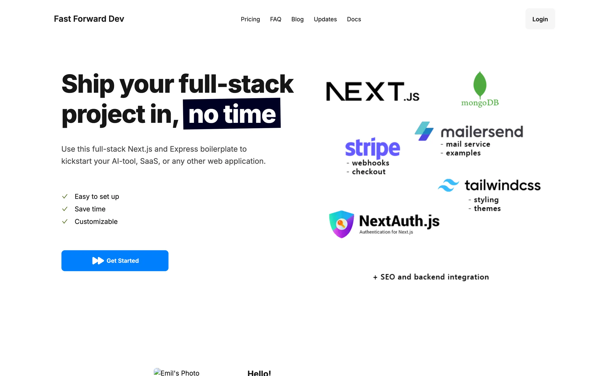 The fast-forward-dev.com homepage with the logos of its stack: Next.js, Stripe, NextAuth, MongoDB, Mailersend and Tailwind.