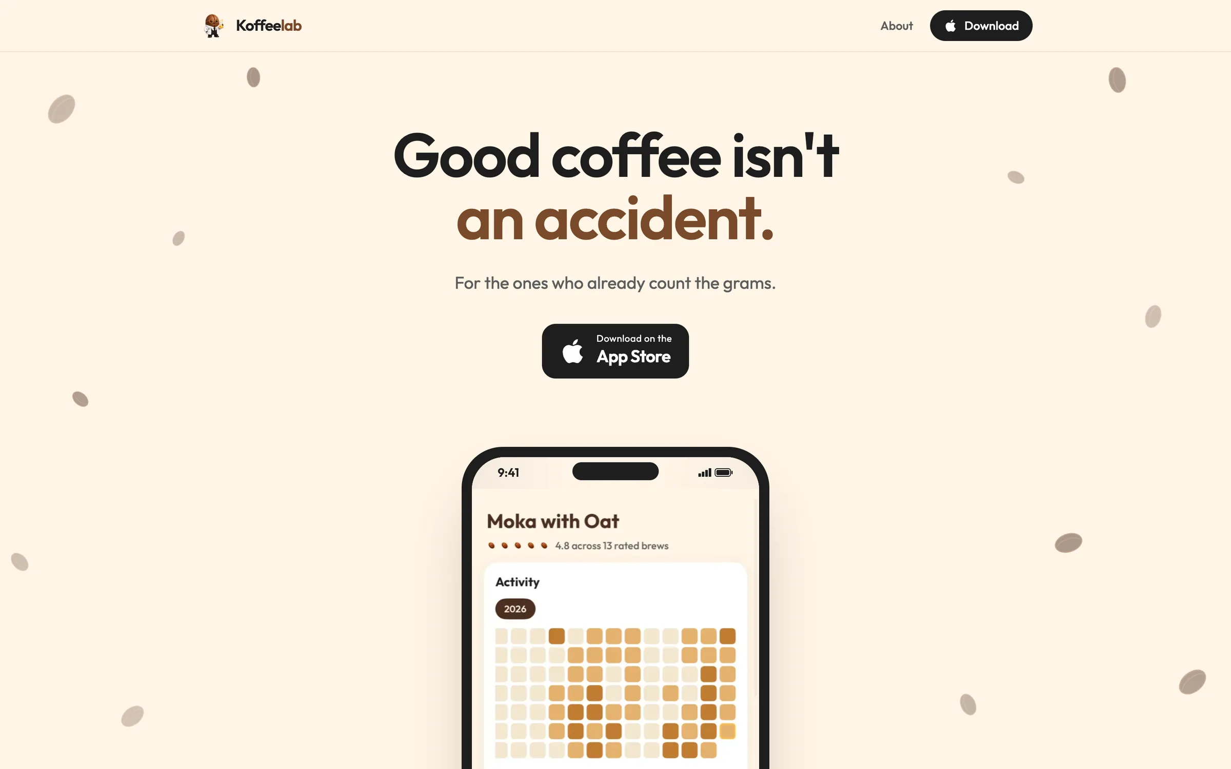 The koffeelab.app homepage: "Good coffee isn't an accident." above a phone showing brew stats.